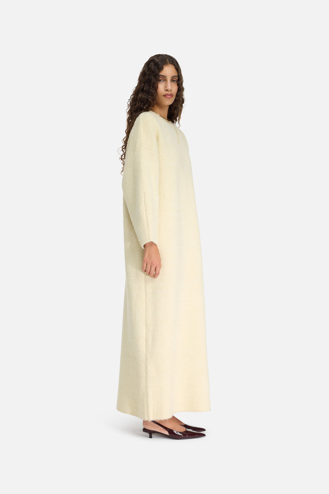 Brushed Tricot Col en V Robe | Cloud White