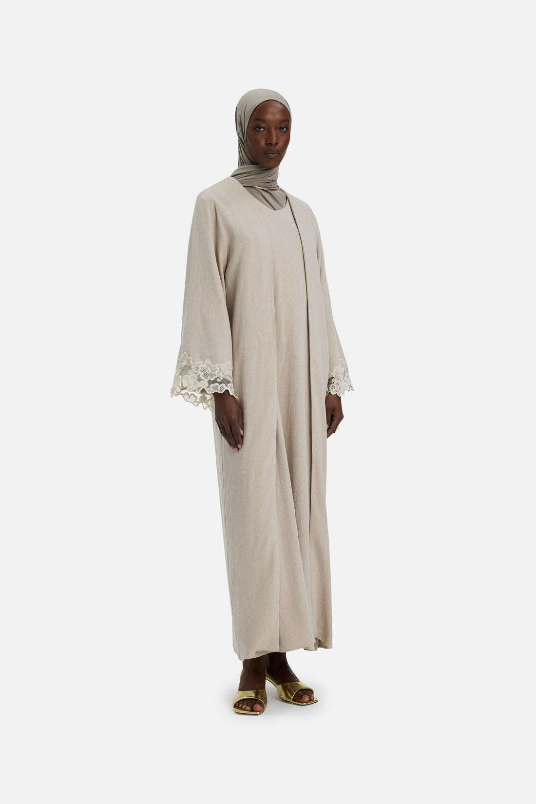 Dentelle Trim Abaya | Grey Sand