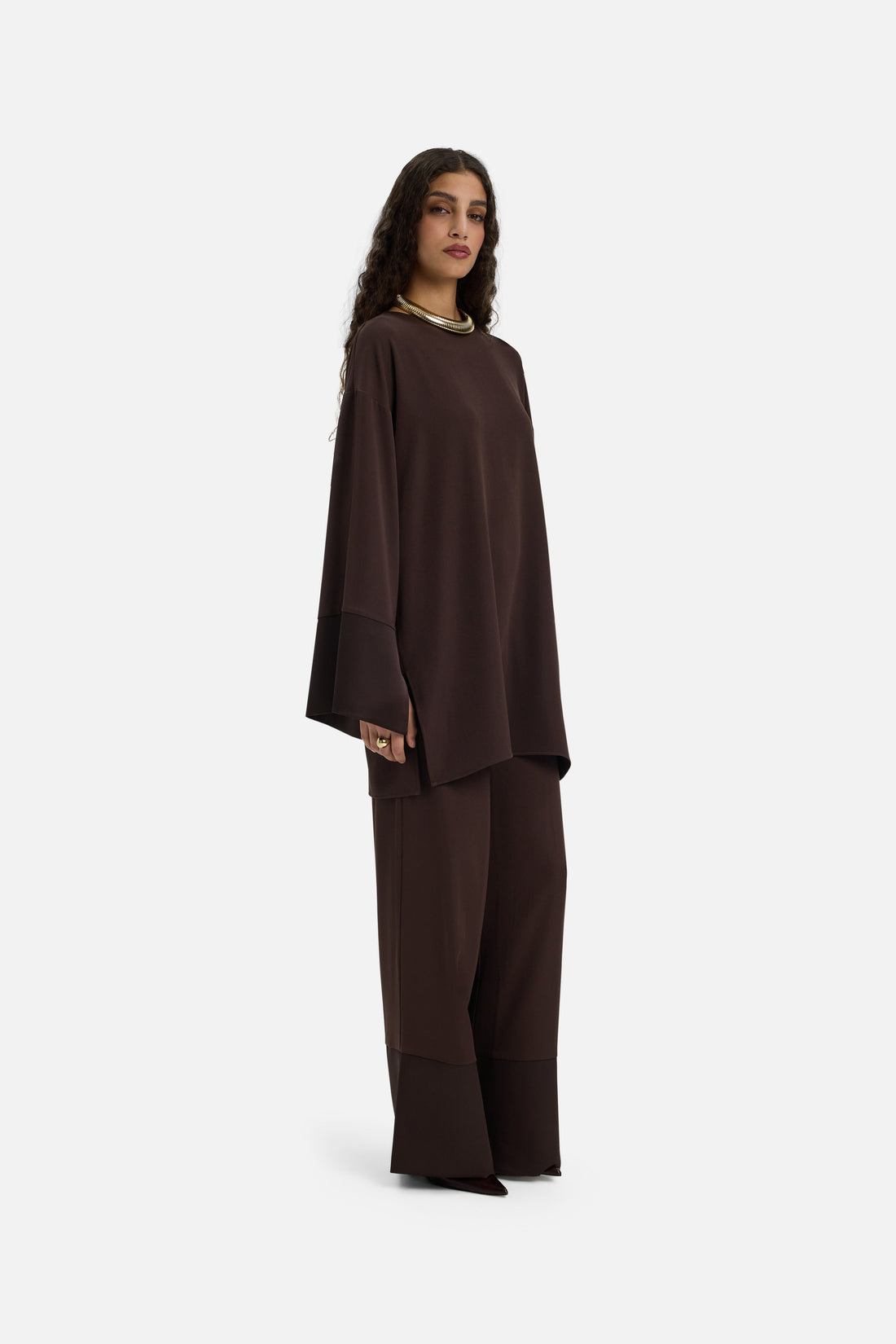 Satin Trim Blouse | Dark Brown